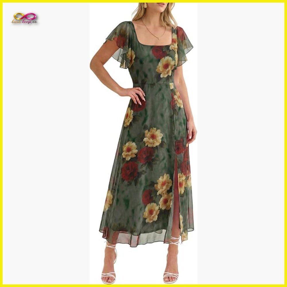 Floral Tulle Midi Dress Elegant Square Neck Ruffle Sleeve Formal Wedding Guest